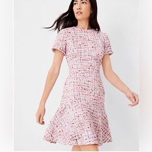 Ann Taylor Tweed Fit & Flare Dress 10 P Petite Pink & White Fully Lined EUC Work